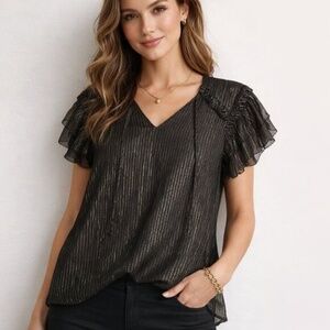 Ann Taylor Metallic Striped Gold and Black color Ruffle Blouse size L